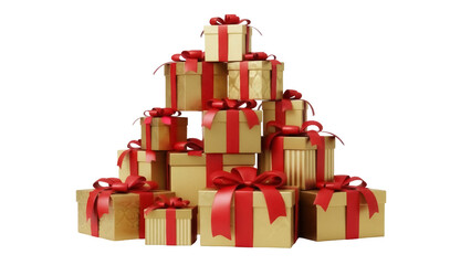 Pile of golden gift boxes with red ribbons isolated PNG, festive presents for Christmas and birthday on transparent background