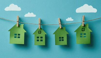 Paper houses hang on clothesline under cartoon clouds against blue background