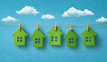 Green houses hanging on a clothesline under a blue sky with clouds