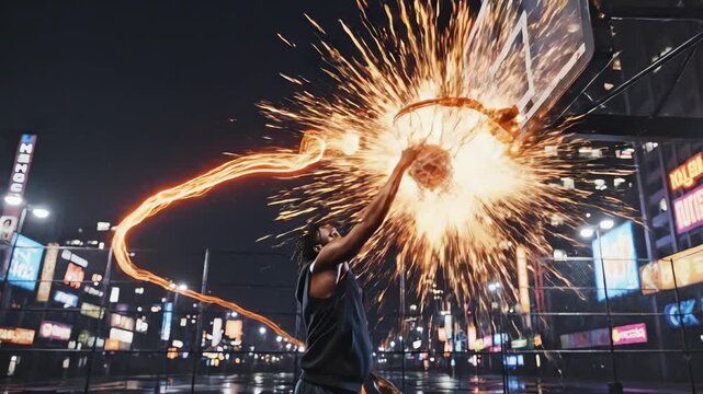Cinematic Street Basketball Slam Dunk with Neon Light Trail at Night &ndash; AI Generated