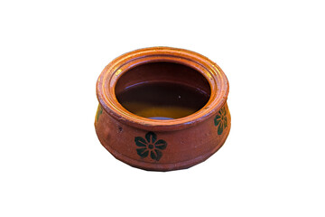 A rustic, round terracotta pot, brown earthenware, shows horizontal lines from its creation. Its a simple, traditional cooking or storage vessel.