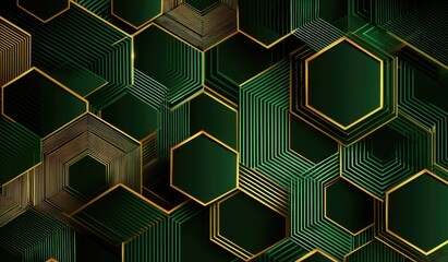 A geometric pattern with overlapping green and gold textured hexagonal shapes