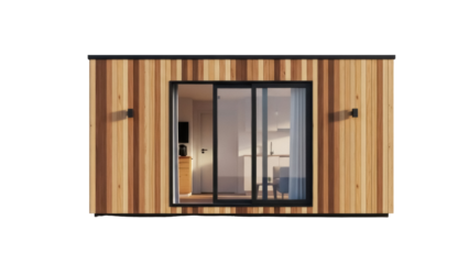 Modern garden room with wooden cladding isolated PNG, contemporary outdoor office or studio for backyard living on transparent background