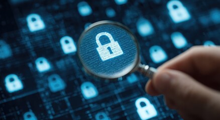 Magnifying glass examines glowing digital lock icons on a dark, abstract grid