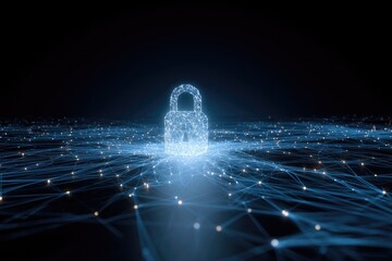 Digital padlock illuminated by connecting lines in a glowing, futuristic network