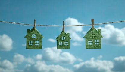 Three green house cutouts hanging on a clothesline against a blue sky