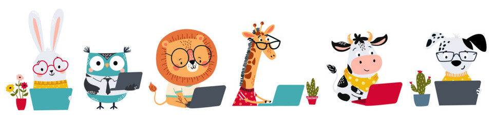 A set of vector illustrations in a simple children's style. The concept of computer courses for children. A lion, cow, giraffe, rabbit, puppy, and owl are working on a laptop. Vector illustration