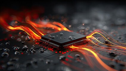 Futuristic microchip on circuit board with glowing energy flowing