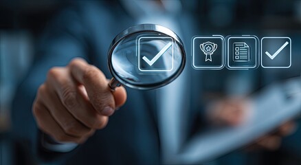 Person examining checklist icons with magnifying glass, showing approval