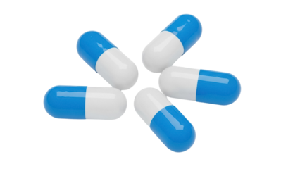 Blue and white capsule pills isolated PNG, medication and pharmaceutical drugs for healthcare and medical treatment on transparent background