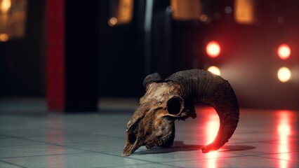 A ram skull with dramatic horn formations catches the eye, illuminated by soft red light. Its worn surface tells tales of natures history in an intimate indoor setting, provoking curiosity.