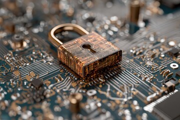 Glowing padlock set on a circuit board, symbolizing digital security and data protection