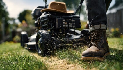 Person wearing boots and hat mowing lawn, throwing grass clippings