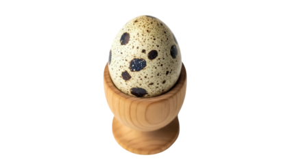 Speckled quail egg in wooden egg cup isolated PNG, gourmet food ingredient on transparent background for Easter and healthy eating