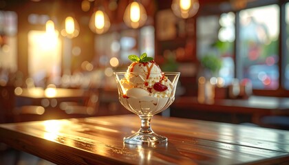 A delicious chocolate ice cream dessert served in a glass on a restaurant table with a lit candle for a sweet celebration dinner