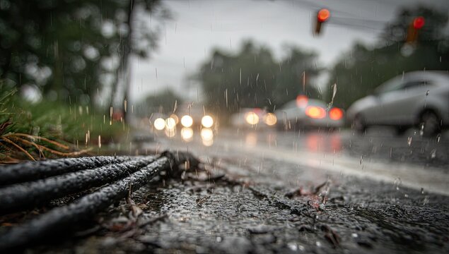 Low angle view of thick cables on wet ground during rainfall, traffic lights and cars blurred