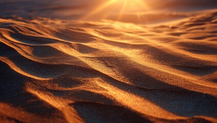 Warm sunbeams illuminate textured sand dunes with glowing ripples