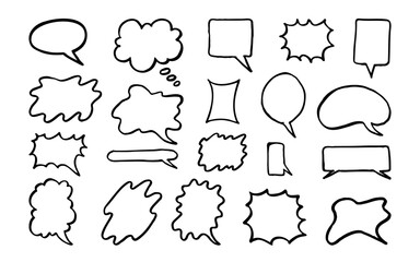 Hand-drawn bubble speech set. Cloud, square, circle, and abstract shapes dialogue box template. For comic illustration element.