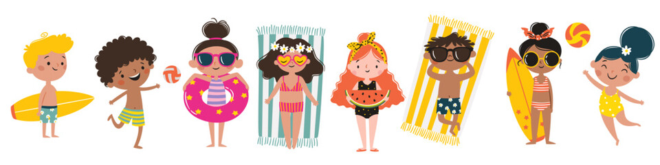 A set of flat vector illustrations in a simple children's style. Cute boys and girls on a beach vacation in different poses on a white background. . Vector illustration