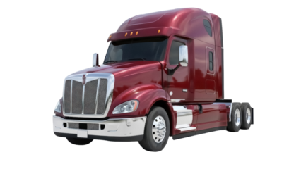 Maroon Kenworth semi-truck isolated PNG on transparent background, modern commercial vehicle for freight transport and logistics