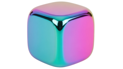 Iridescent metal cube isolated PNG on transparent background, colorful geometric shape with rounded edges for design and decoration