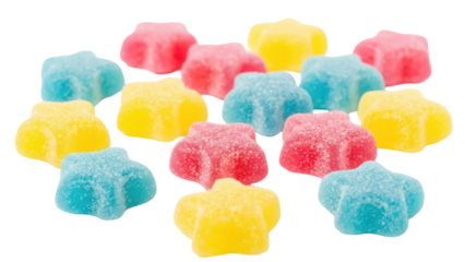 Colorful star-shaped gummy candies PNG isolated on transparent background, sweet chewy confectionery for kids and party favors