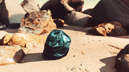 A black trash bag sits alone on a sandy beach surrounded by rocky formations. The sunlight casts shadows, highlighting the need for greater awareness about ocean cleanliness.