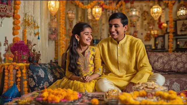 Brother and sister wearing traditional indian clothing, celebrating raksha bandhan