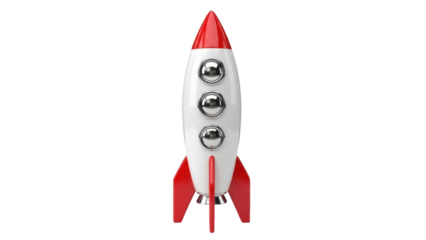 Retro rocket ship PNG isolated on transparent background, vintage style spaceship with red and white colors for space exploration themes