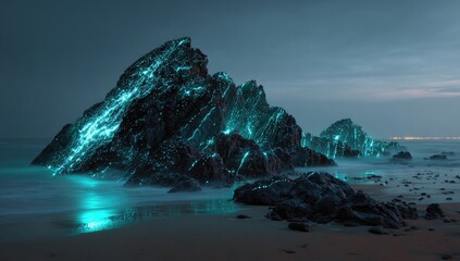 Jagged rocky shore with bioluminescent turquoise lights glowing, ocean waves