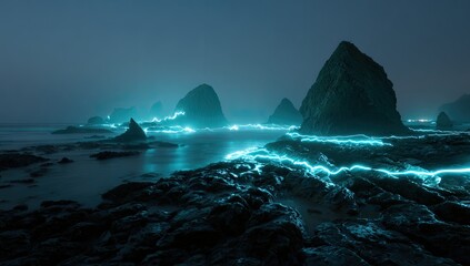 Ethereal glowing waves illuminate rocky coastline under a twilight sky