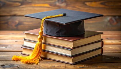 Graduation cap with gold tassel resting on stack of books on wooden table, academic success concept, warm lighting, shallow depth of field, classic education still life