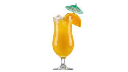 Refreshing orange cocktail with umbrella isolated PNG, tropical drink with ice and citrus garnish on transparent background for summer party