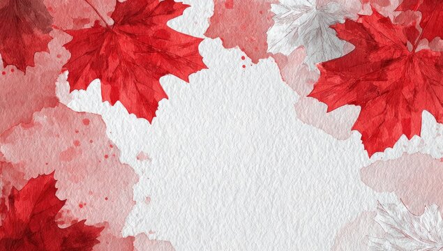 Watercolor red and white maple leaves frame textured white background