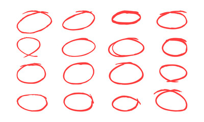Hand-drawn red circle set. Highlighter template. Rounded marker brush strokes for highlighting. Freehand drawing ovals shapes bundle.