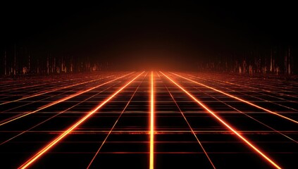 Glowing orange grid receding into dark infinity, hinting at digital realms