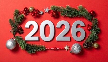 2026 New Year text surrounded by Christmas ornaments, pine branches and stars on red background, festive holiday design, flat lay composition, bright studio lighting