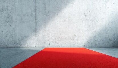 Minimalist interior with concrete wall, floor, and a vibrant red carpet