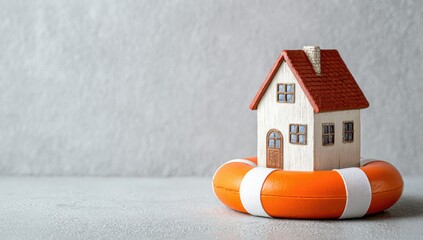 Miniature house safely afloat on a bright orange life preserver