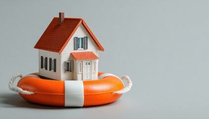 Miniature house model rests inside a bright orange life preserver