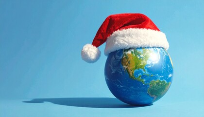 Planet Earth globe wearing red Santa hat on blue background, creative Christmas concept, global holiday celebration, minimalist composition, soft studio lighting, playful festive mood