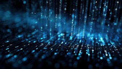 Digital abstraction featuring glowing binary code raining down with a blurred background