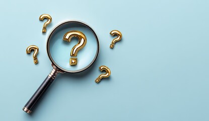 Golden question marks scattered around a magnifying glass on a blue background