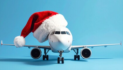 White airplane model wearing red Santa hat on blue background, creative holiday travel concept, minimalist style, soft studio lighting, playful festive mood, clean composition