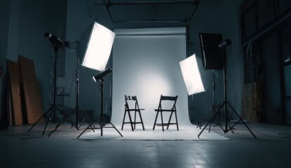 Studio set with two chairs and lighting equipment