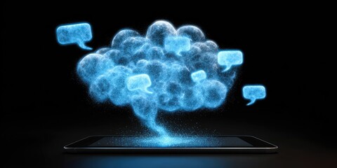 Digital cloud above a tablet emanating thought bubbles, illuminated with glowing blue particles