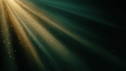 Golden light rays stream from upper left, illuminating floating golden particles on dark background