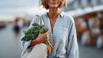 Woman carrying a reusable tote bag with fresh vegetables at a local market, natural ambient light, realistic street scene with softly blurred background