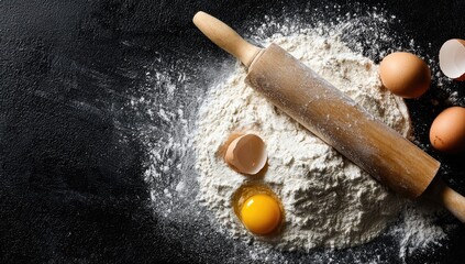 Wooden rolling pin over flour pile with eggs and shells