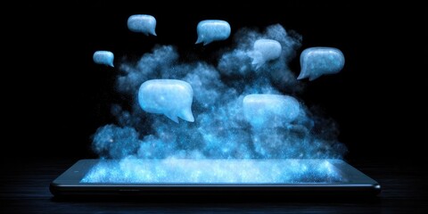 A digital tablet emitting text message bubbles surrounded by a smoky, glowing blue aura
